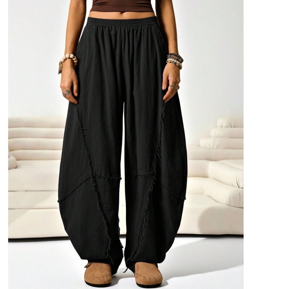 Plus Solid Stretchy Waist Pockets Frayed detail harem genie leg pants